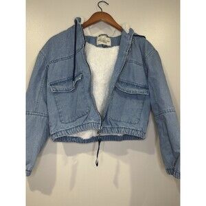 Womens Cropped Hoodie Denim Jean Jacket Size Small Sherpa Y2K Boho Winter